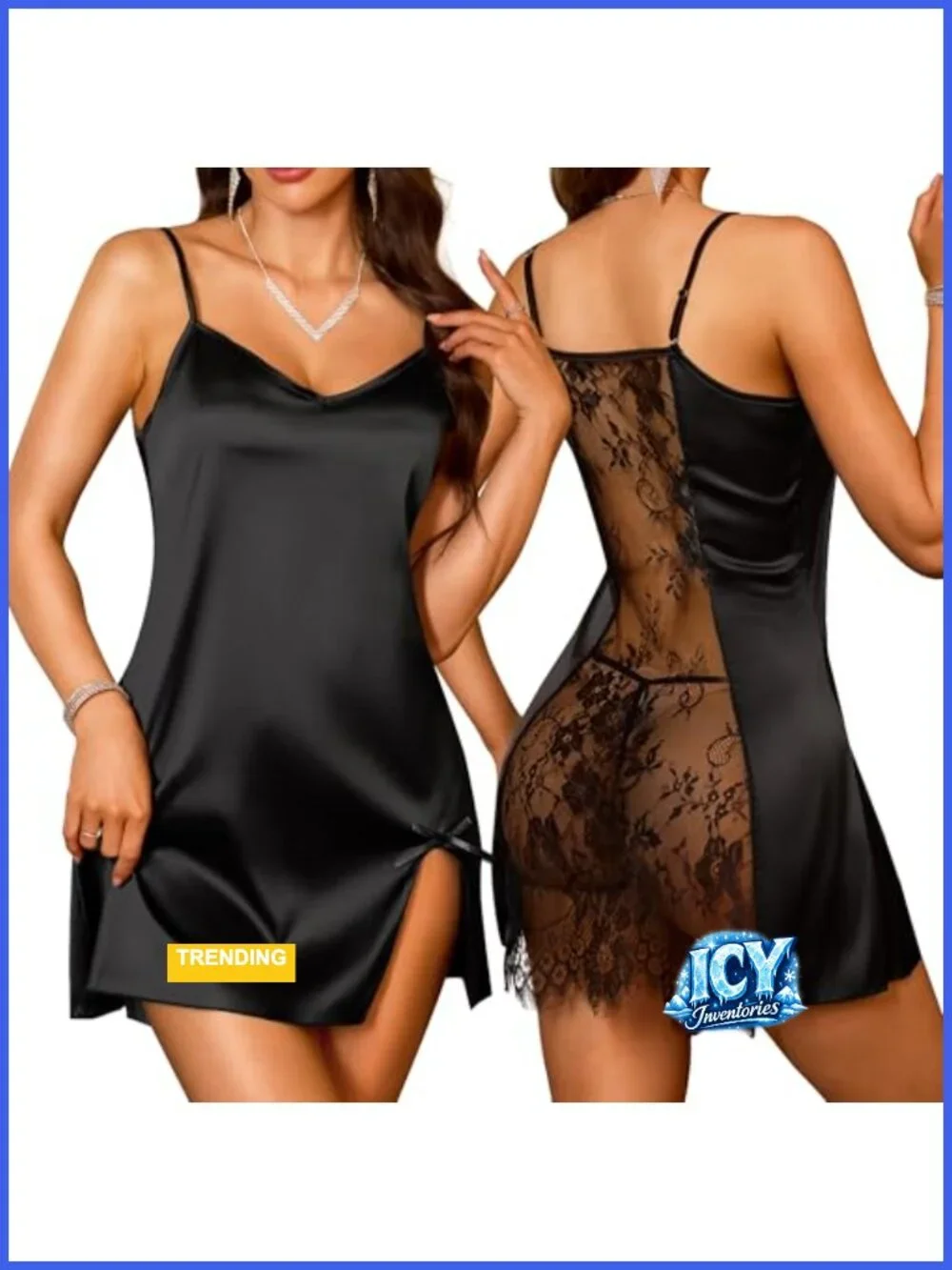 Women's Lingerie Satin Babydoll Nightgown V Neck Lace Chemise Adjustable Straps